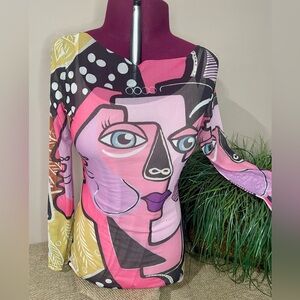 Shien Sheer Mesh Abstract Pink and Yellow Women's Top size Small